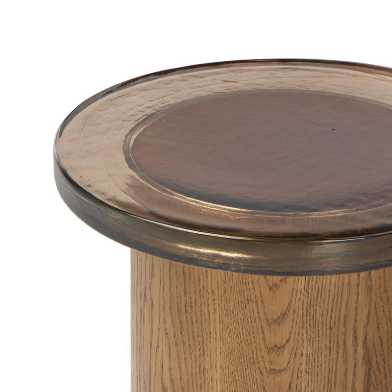 Shira Small End Table-Light Brown Oak, Smoked Brown Cast Glass