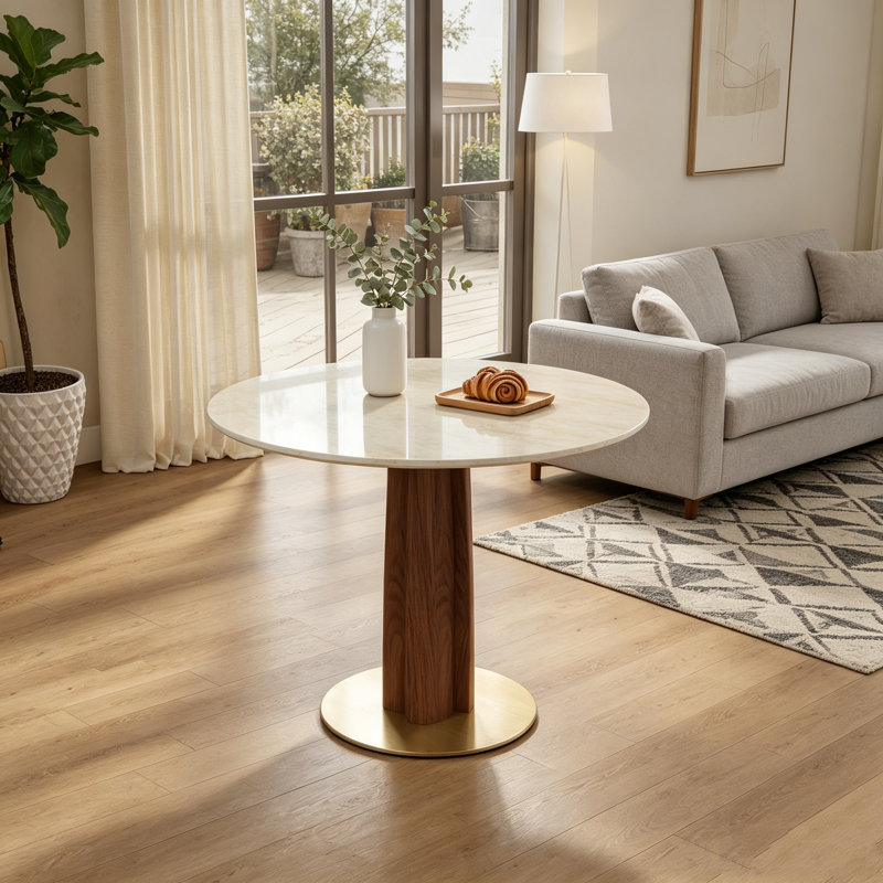 Multi-Functional Modern Round Dining Table, 33.5" Matte Cave Stone Slate Top with Wooden Legs & Gold Base, 2-Person Small Space Table, 150lbs Capacity