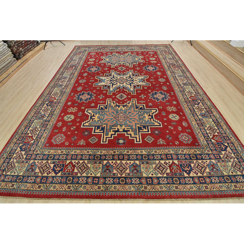 Tapis décoratif en laine rouge Kazak de conception unique noué à la main/Ivoire 9 pi 11 po x 13 pi 8 po