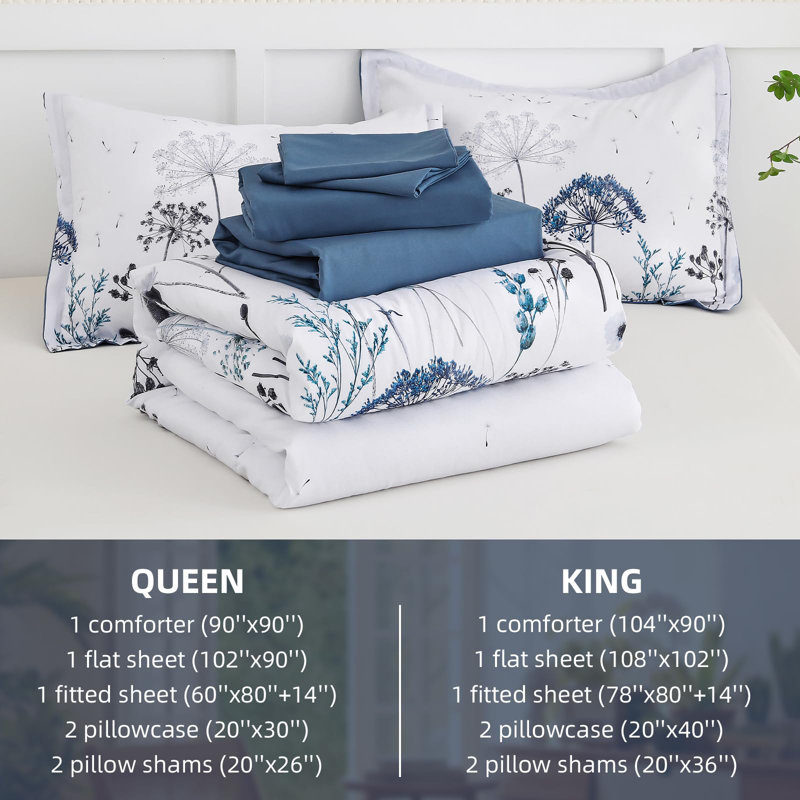 7-Piece Dandelion Floral Comforter Set All-Season Soft Microfiber Bedding Set, Blue, King Comforter + 6 Additional Pieces