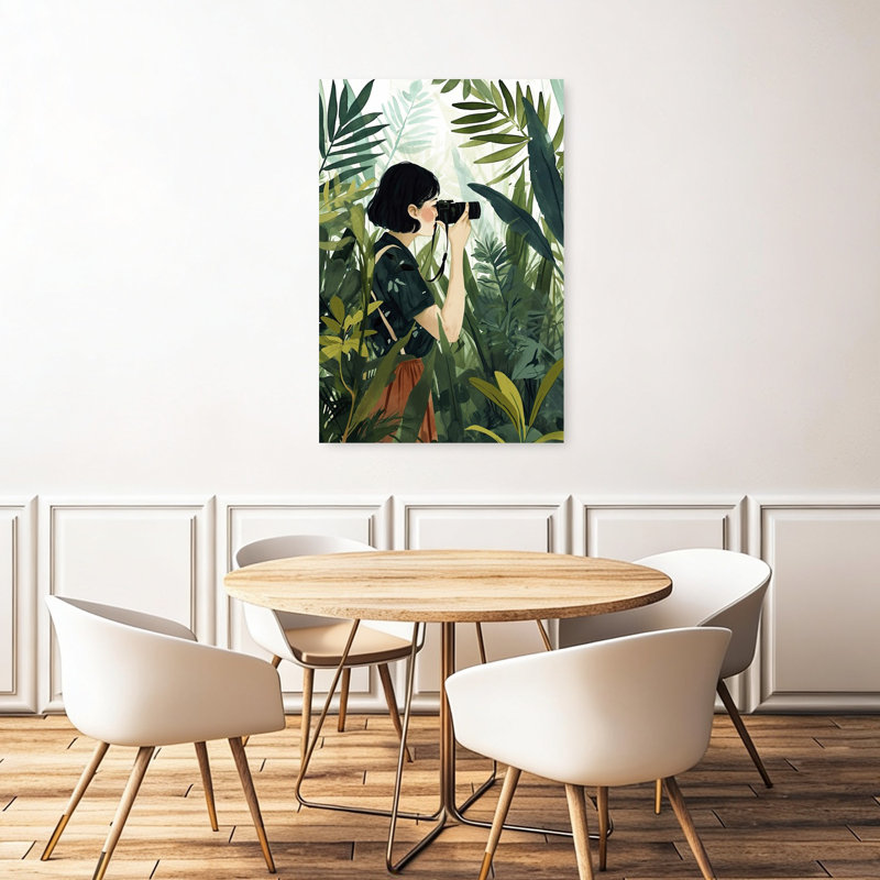 «Jungle Explorer Woman Peaceful Serene Vibrant Forest Nature», art mural, H 48 po x l 32 po