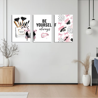 Fashion Makeup And Heels Canvas Wrapped Wall Art Set Of 3 With Be Yourself Always Quote And Pink Bow Pattern For Bedroom Or Bathroom Decor