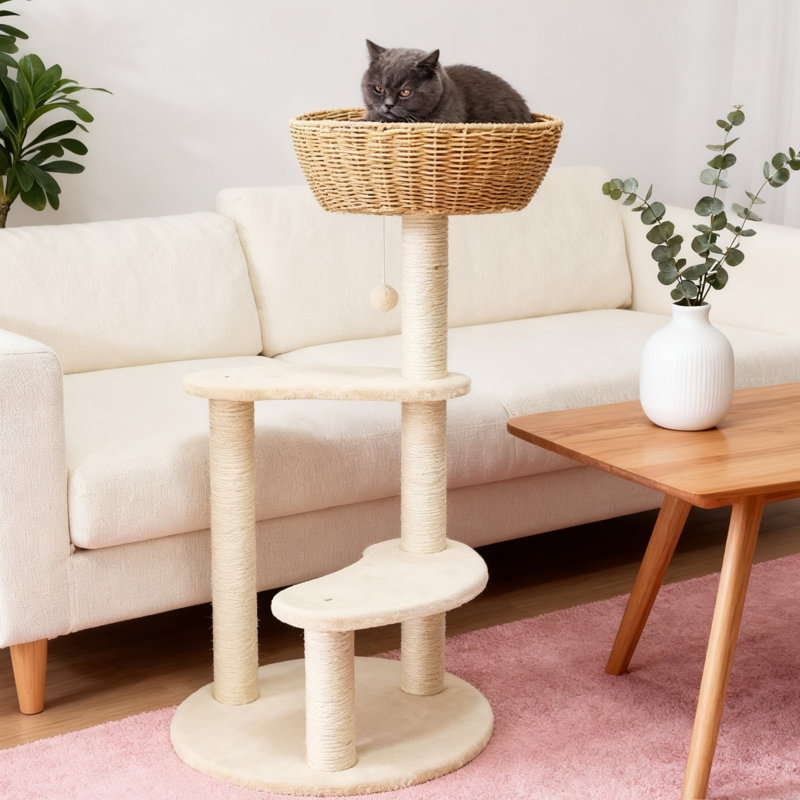 35.5" Handwoven Cat Climbing Tree Tower Condo with Cozy Baskets，Scratching Post