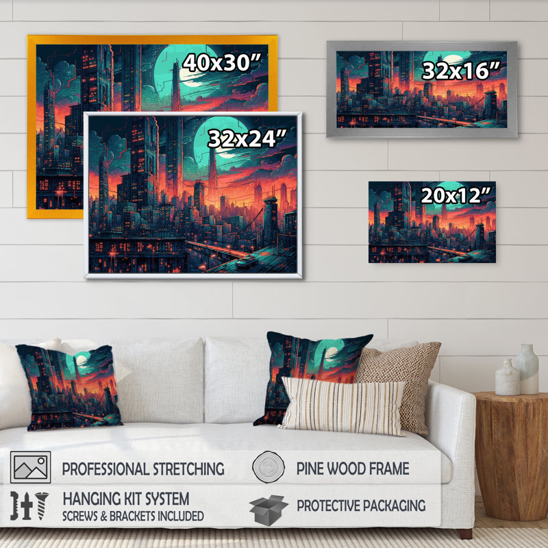 «Green and Orange Metropolis Deco II», reproduction sur toile, H 30 po x l 40 po x P 1,5 po, Cadre flottant noir