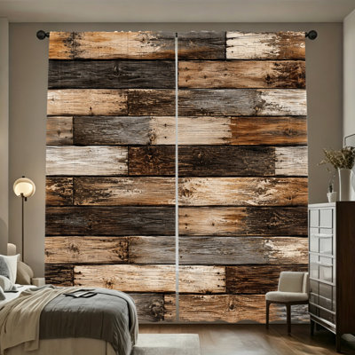 2 Panels Light Filtering Curtains, Weathered Rustic Wood Plank Farmhouse Print Home Decor, Easy Hang Rod Pocket Design, All Season Window Drapes for Living Room Bedroom Dormitory Decoration