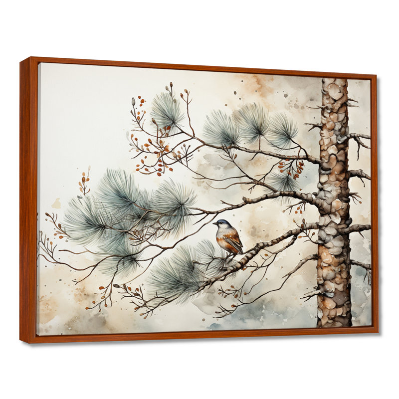 Décoration murale oiseau sur pin II, H 30 po x l 40 po x P 1,5 po, Cadre flottant brun