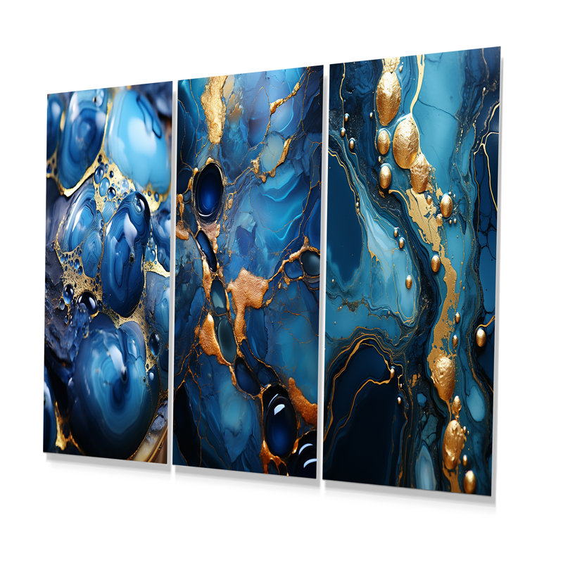 Or et saphir bleu mosaïque de marbre I - ensemble de 3 reproductions d'art abstrait en métal, H 32 po x l 48 po