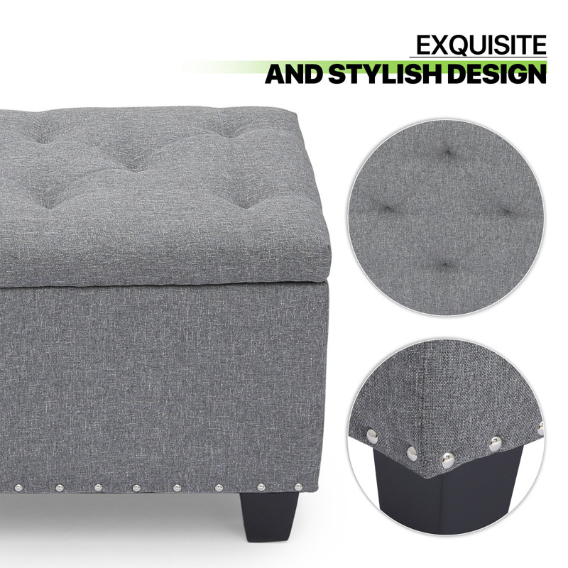 Grimstad Upholstered Fabric Storage Ottoman, Storage Bench with Button-Tufted, Gray