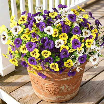 24 Pcs Artificial Flowers for Outdoors, UV Resistant Faux Silk Pansy Flowers, Spring Summer Outdoor Fake Flowers Plants for Front Porch Yard Patio Planter Garden Decor (Purple, Yellow, White)