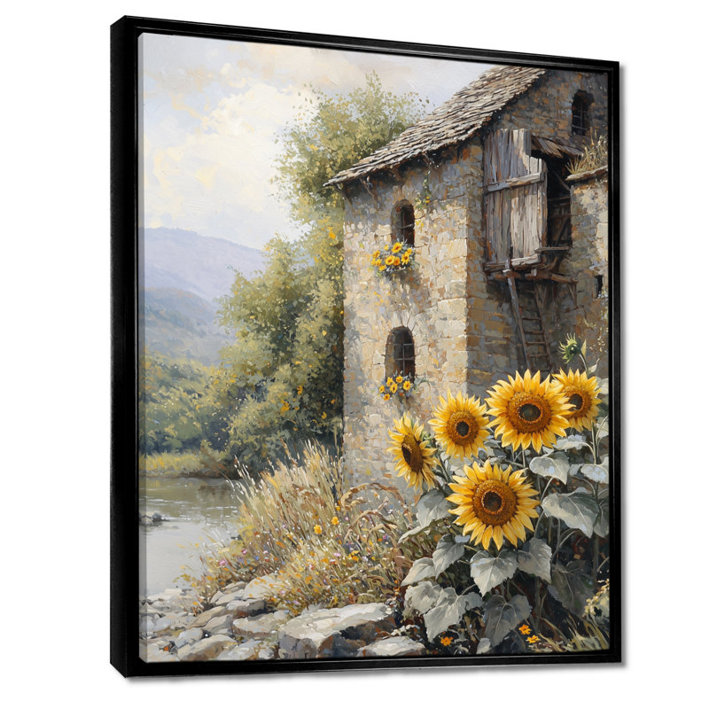 Dorathy Sunflowers At The Grain Mill II - Art mural tournesols, Noir, Reproduction avec cadre flottant, H 20 po x l 12 po