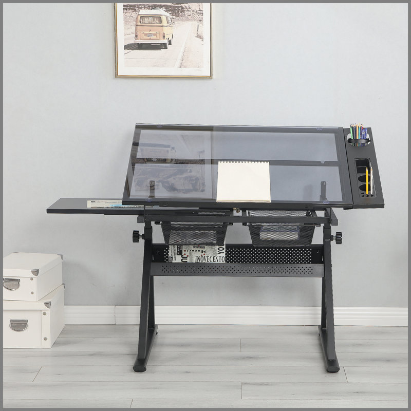 Table à dessin réglable en verre trempé avec chaise et beaucoup de rangement, parfaite pour les artistes et les designers