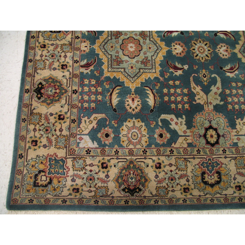 Oriental Hand-Knotted Wool Blue/Ivory Area Rug, Rectangle 12'1" x 14'8"