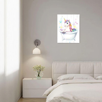 Unicorn Sitting In Bathtub Unframed Canvas Wall Art  12" X 16"