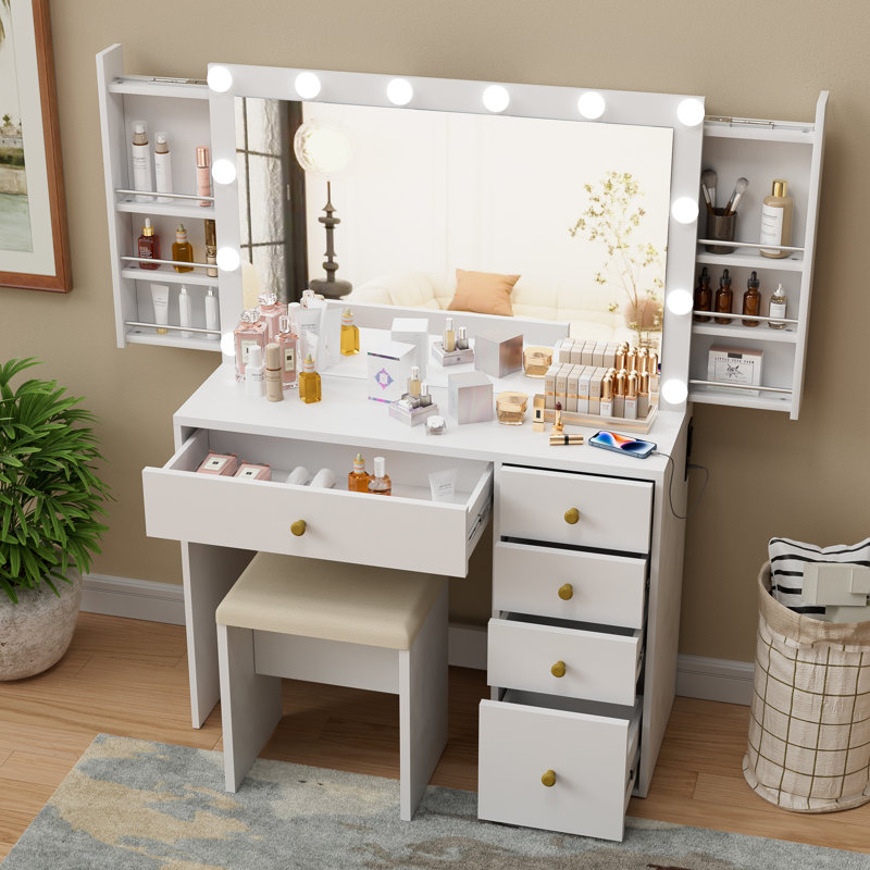Ensemble de coiffeuse avec miroir lumineux Priyesh, coiffeuse de maquillage 39,3 po avec 3 couleurs d'éclairage et prise de courant