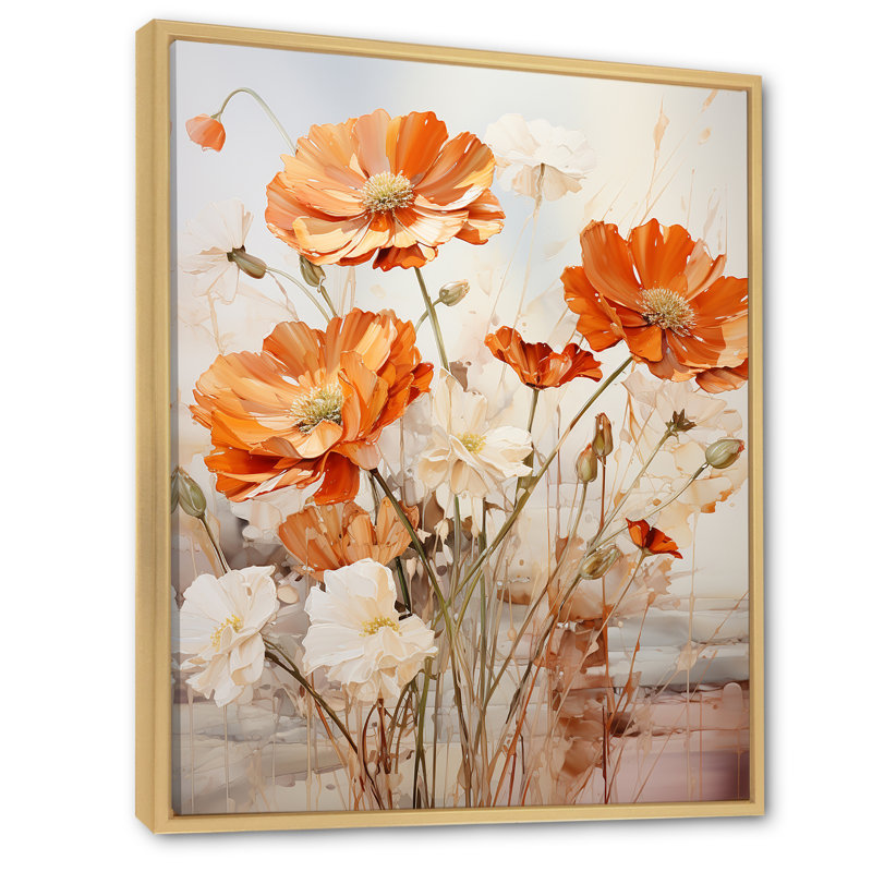 Orange And Beige Fiery Blooms 1 - Marigold Wall Art, 32" H x 16" W x 1" D, Brown Floater Framed
