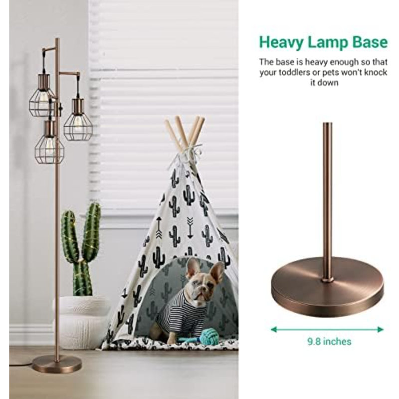 Dimmable Industrial Floor Lamp, Farmhouse Standing Lamp For Living Room, Bedroom, 3 LED Edsion Bulbs Included, Rotary Switch, 65In Rustic Tree Reading Lamps For Study Room, Office - Brown