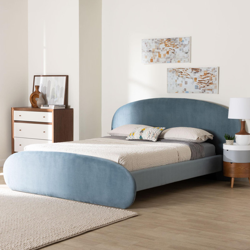 Baxton Studio Ekram Velvet Upholstered Platform Bed – Mid-Century Modern Bed Frame With Curved Headboard And Accent Footboard, Classic Luxe Bedroom Centerpiece, Queen