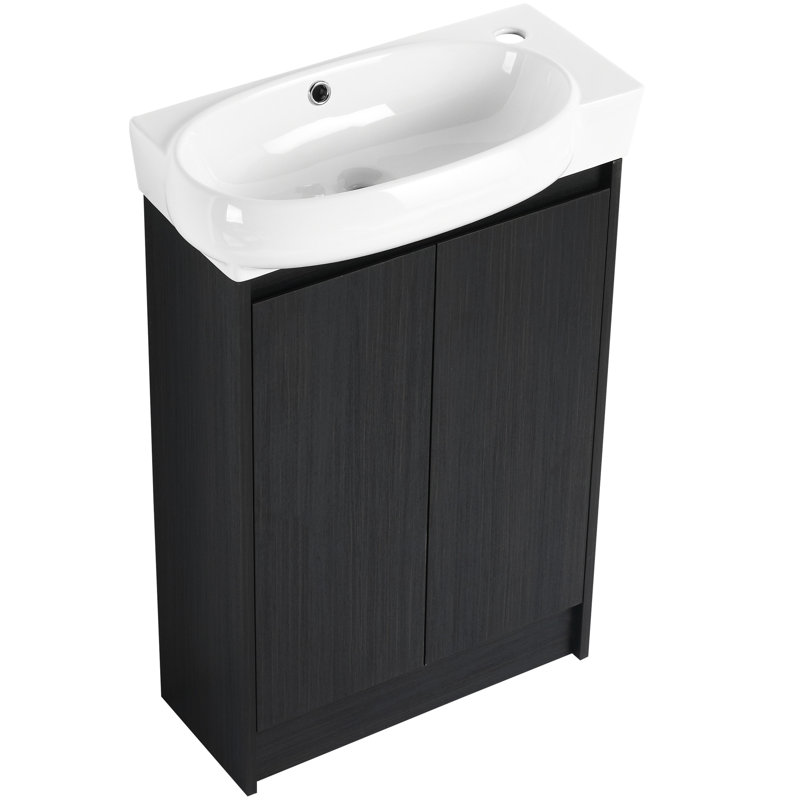 Meuble-lavabo de 23 po pour salle de bain. Forme compacte moderne. Technologie de porte à fermeture en douceur. Espace de rangement généreux. Surface en châtaignier noir. Sans effort pour assainir le meuble-lavabo, autoportant, portes, lavabo en céramique, design