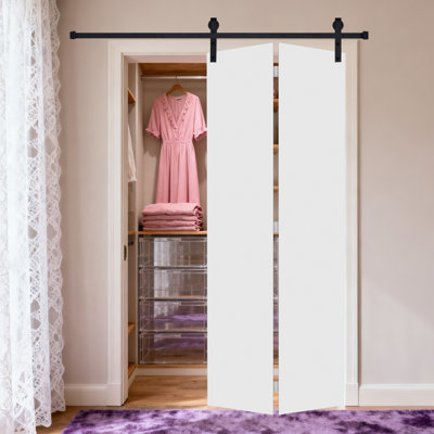 Modern Flat Panel Bi-Fold Door 46 In. X 84 In. MDF White Barn Sliding Door With Hardware Kit