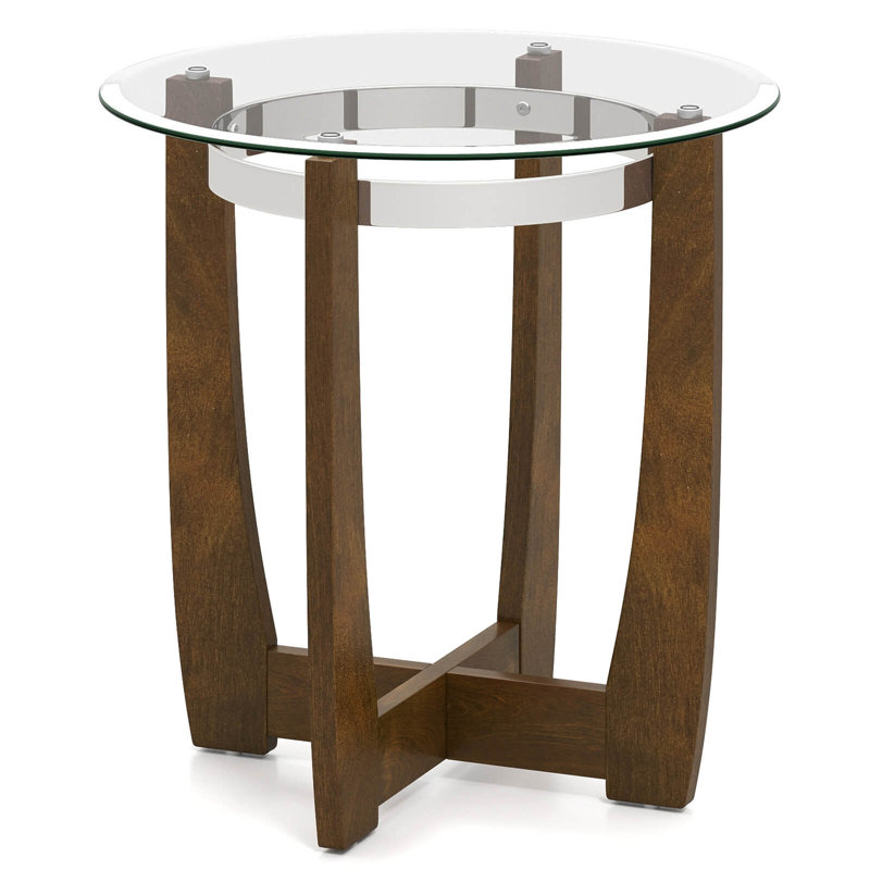 1 PCS 24" Round Side Table Glass End Table with Tempered Glass Top Cross Walnut, Walnut, 1