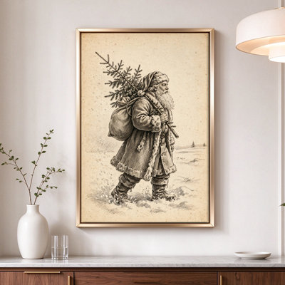 Vieux père Noël avec arbre, art mural sur toile, 24 x 16 po