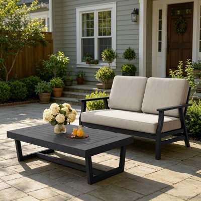 Shweta 2-Piece Conversation Set Solid Teak Wood Loveseat And Side Table Set With Cushions