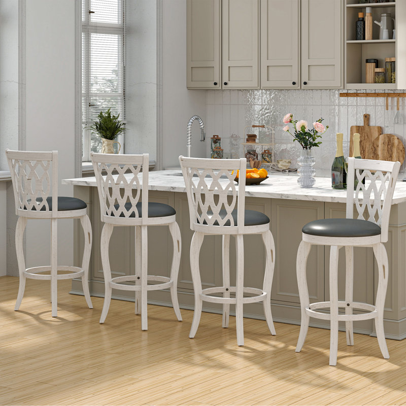Tabouret pivotant rembourré avec structure en bois massif, Blanc, Tabouret de bar (siège d'une hauteur de 29 po)