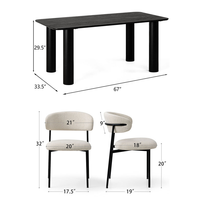 Modern 7-Piece Dining Set With Rectangular Wood Table And Upholstered Curved Back Chairs, Santi Beige