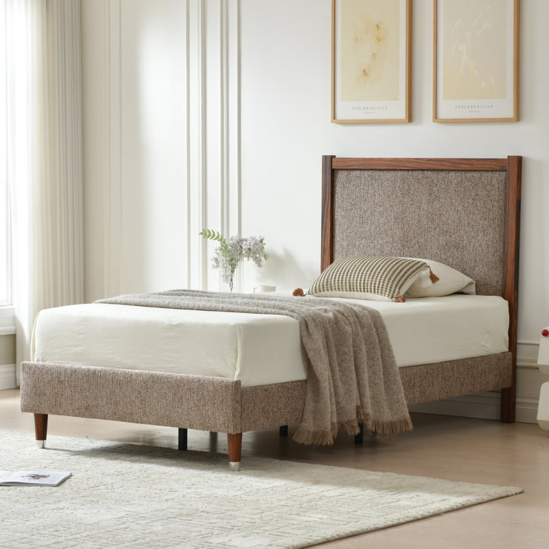 Wooden platform bed with upholstered base, Coffee, Twin