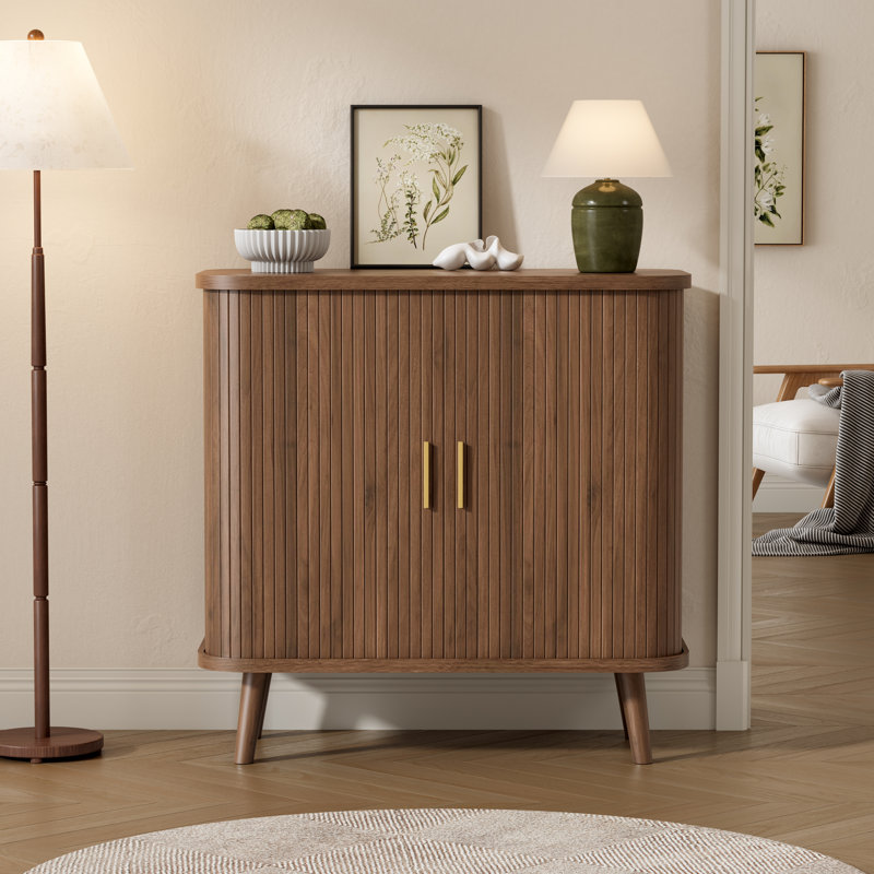 Sliding Louvered Door Side Cabinet with Adjustable Shelves and Curved Side Panels Modern Minimalist Storage Solution, Brown