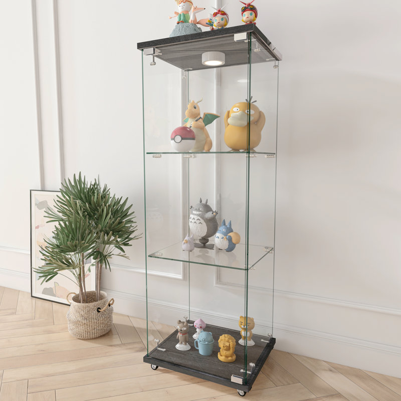 Vitrine H 47,91 po avec 1 porte et 3 tablettes, armoires de cuisine modernes avec lumières DEL réglables, bibliothèque de plancher en verre trempé pour salon, chambre à coucher, noir