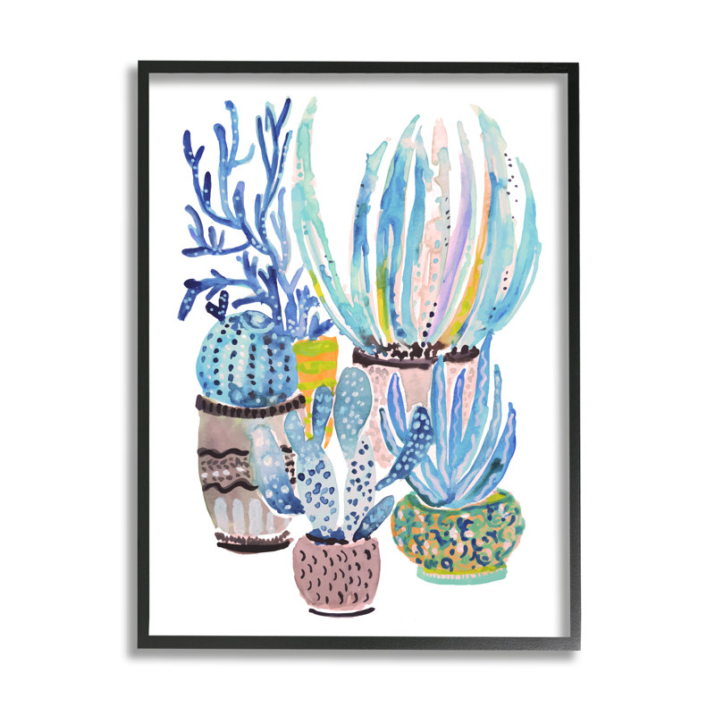 Motif de plantes de cactus bleues par Karen Fields - peinture à cadre flottant sur bois, H 20 po x l 16 po x P 1,5 po