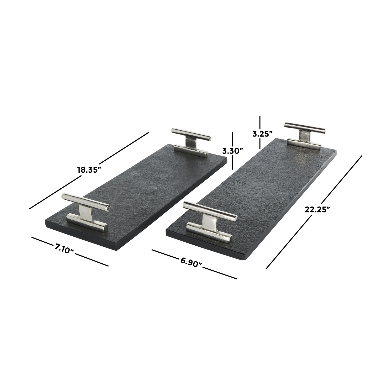 Aedic Mable Tray - Set of 2, 3.25"Hx6.9"Wx22.25"D & 3.3"Hx 7.1"Wx 18.35"D, Silver/Black