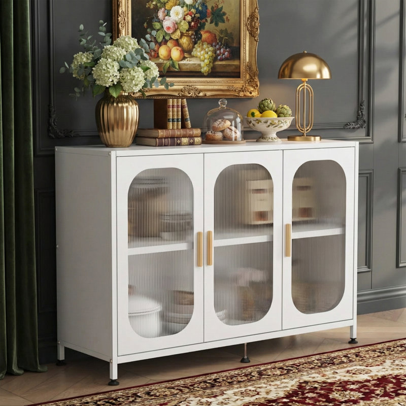 Buffet 48 po en métal, 3 portes, réglable, blanc, Blanc