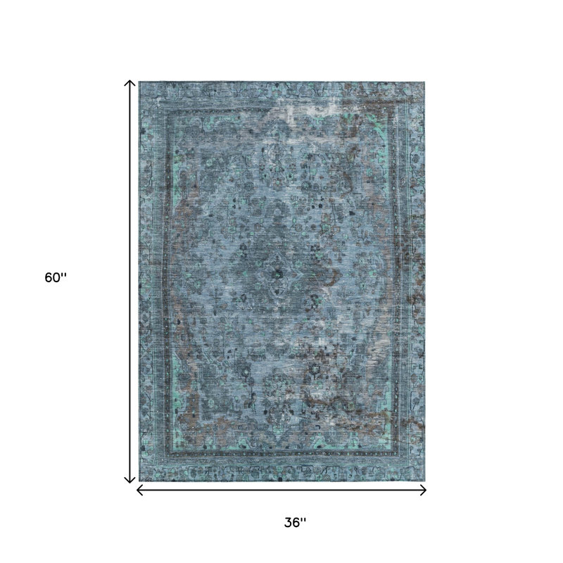 3' X 5' Blue And Gray Medallion Washable Indoor Outdoor Area Rug