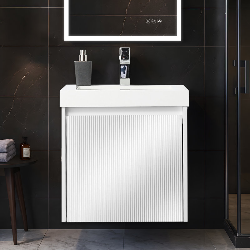 Keriel 20'' Floating Bathroom Vanity with Sink – Wall-Mounted Fluted Wood Cabinet with Acrylic Top, Soft-Close Door & U-Shaped Plumbing Drawer for Small Spaces
