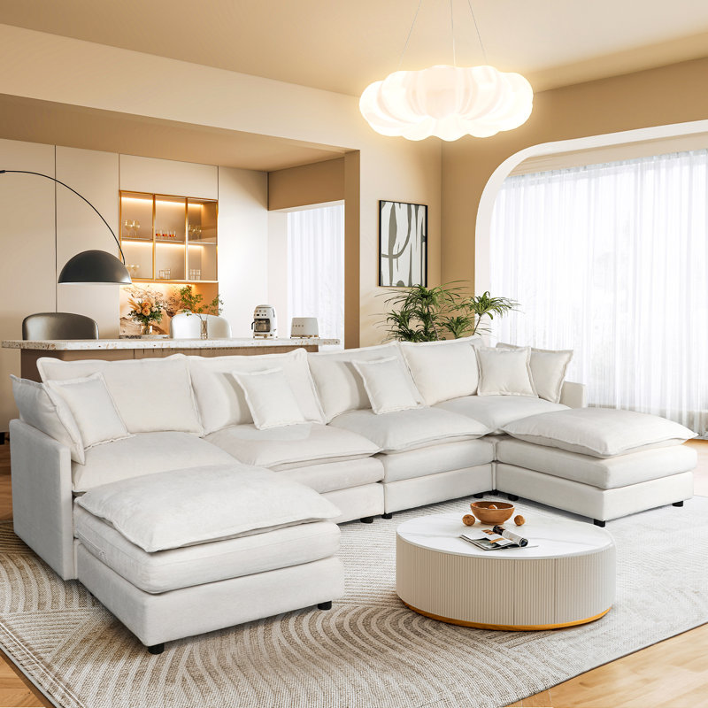 140.5" U-Shaped Modular Sectional Sofa, 4-Seater Cloud Couch with Chenille Upholstery, Lumbar Pillows & Movable Ottoman for Living Room