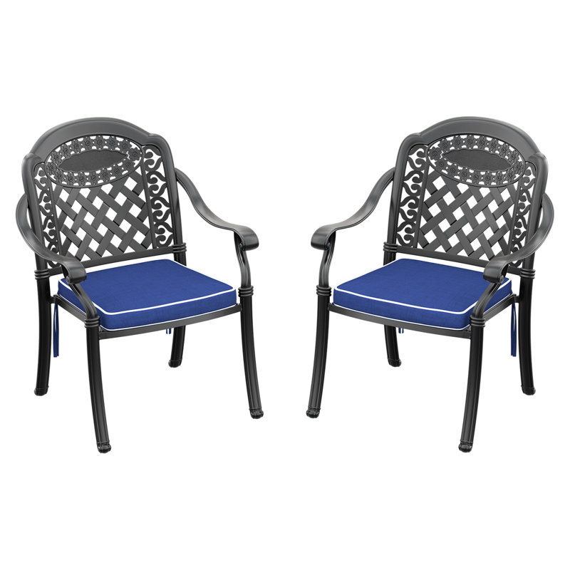 2 pièces Chaises en aluminium coulé avec cadre noir et coussins pour patio - Mobilier d'extérieur protégé Chaise de salle à manger
