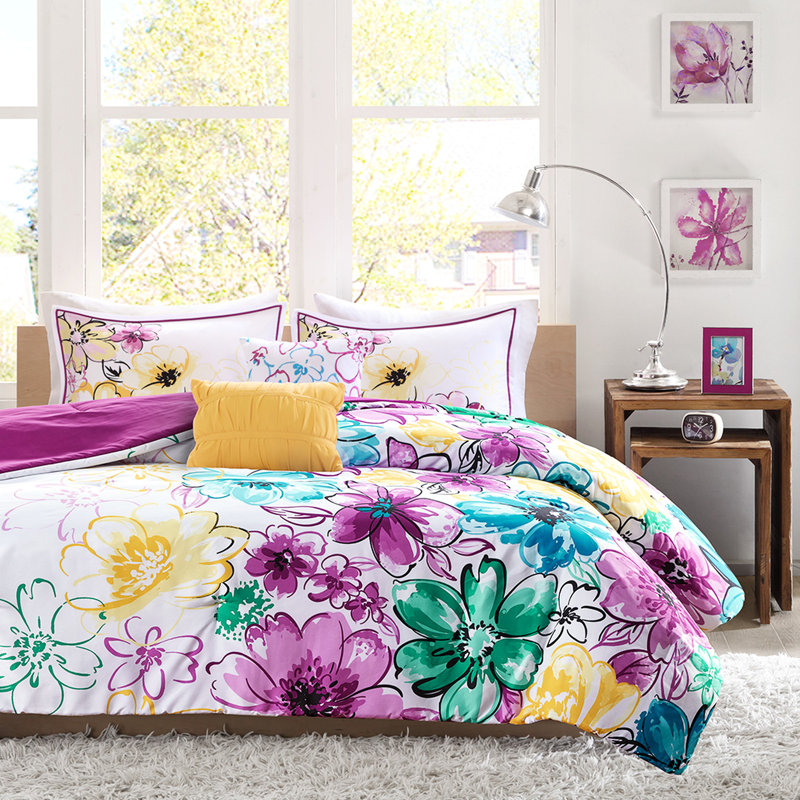 Soft Blue Comforter , Full/Queen, Floral Design Asymmetrical Sheets