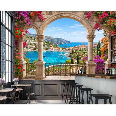 [style] Peel and Stick Wallpaper Mediterranean Coastal Village View Stone Arch Colorful Flowers Blue Wall Murals 69"H x 96"W Removable PVC Wall Paper Self-Adhesive Wall Decor for Bedroom Living Room Home Office