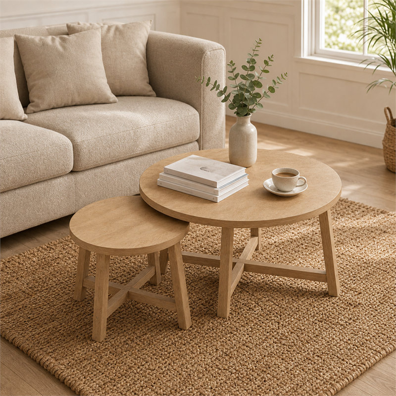 Ensemble de tables basses 2 pièces avec finition grain de bois naturel; présente des supports en forme de X et une conception empilable - une table d'appoint minimaliste et polyvalente qui convient aux salons, aux chambres à coucher ou aux balcons.