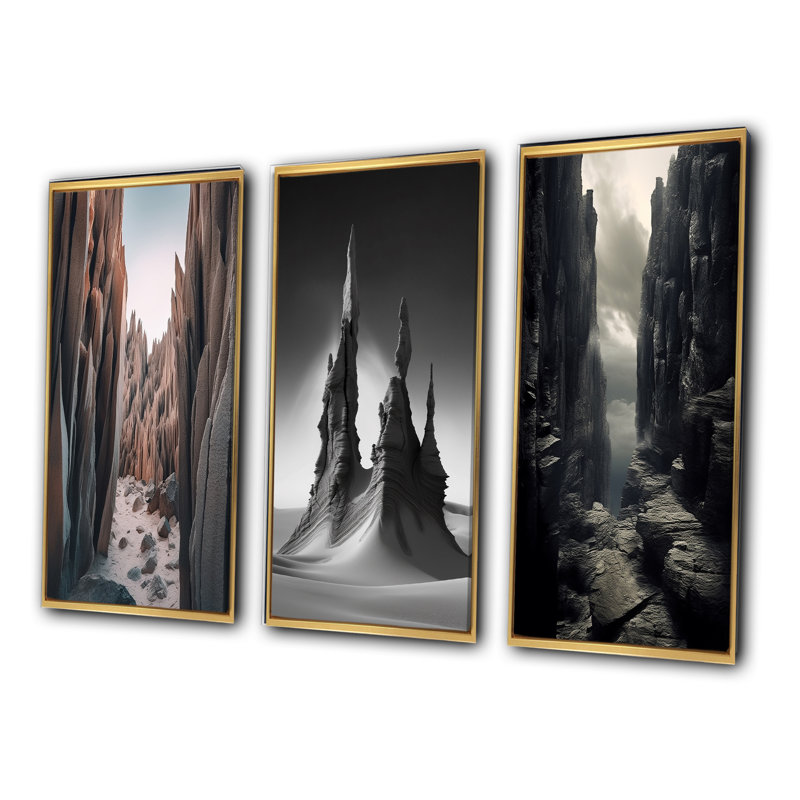 «Vertical Plains Desert Rocks III», 3 pièces sur toile, H 48 po x l 32 po, Encadrement doré