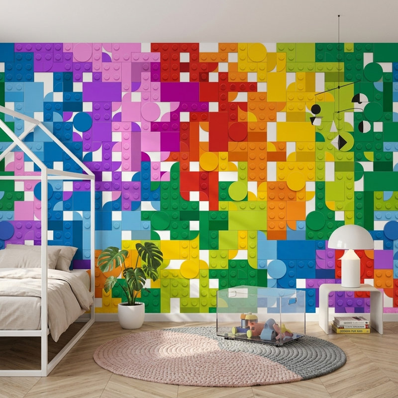 Papier peint blocs de construction géométriques, décoration murale amovible colorée, Non tissé, 120 po x 96 po