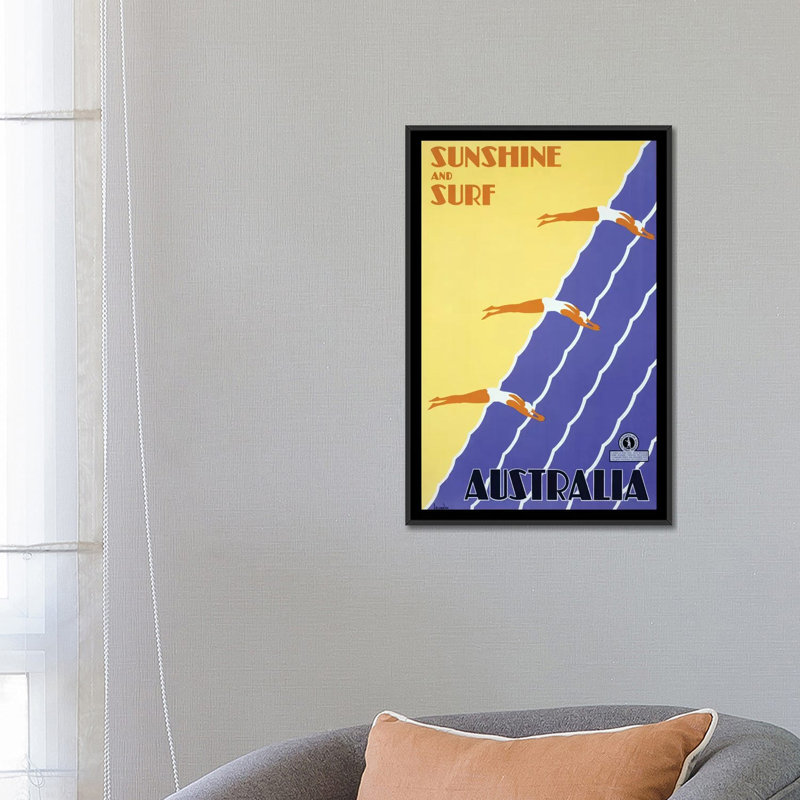 « soleil et surf australie », impression sur toile, H 26 po x l 18 po x P 1,5 po, Toile avec cadre noir, Pas de tapis