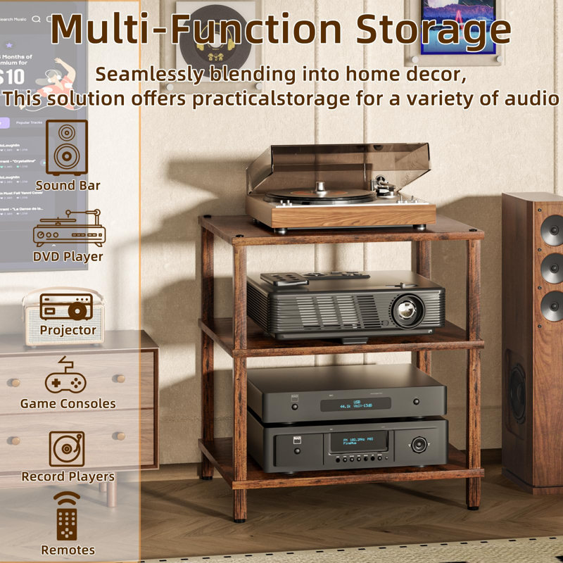 3-Tier AV Media Player Stand, Modern Stereo Cabinet,Game Console Shelf,Wooden TV Stand,Multifunctional Entertainment Center, Suitable for Home, Conference Room (Brown)