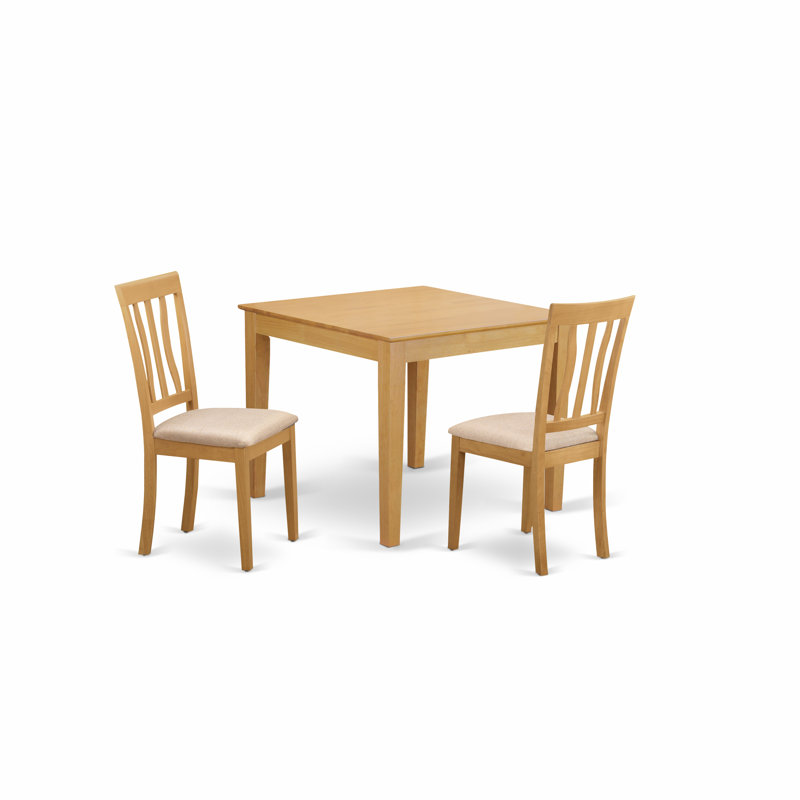 3 Piece Dining Table Set for Small Spaces Contains a Square Dining Room Table and 2 Linen Fabric Upholstered Chairs, Oak