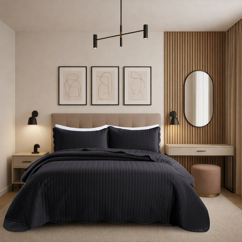 Ensemble de courtepointe moderne en microfibre embossée moderne, Noir