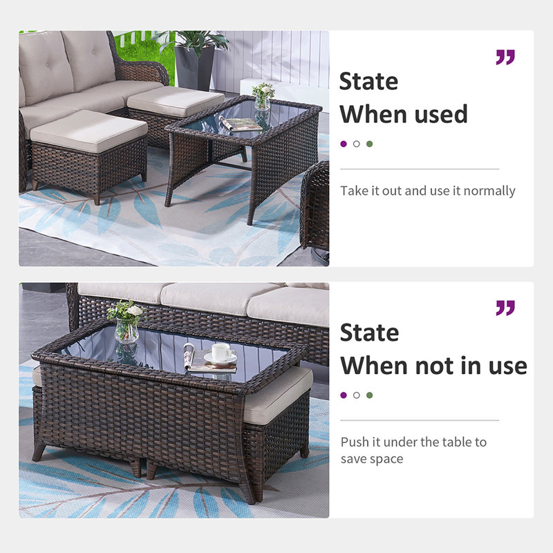 Schutt 7-Piece Outdoor PE Wicker Furniture Set with Swivel Rocker Chairs, Powder-Coated Steel Frame, Olefin Cushions & Tempered Glass Table