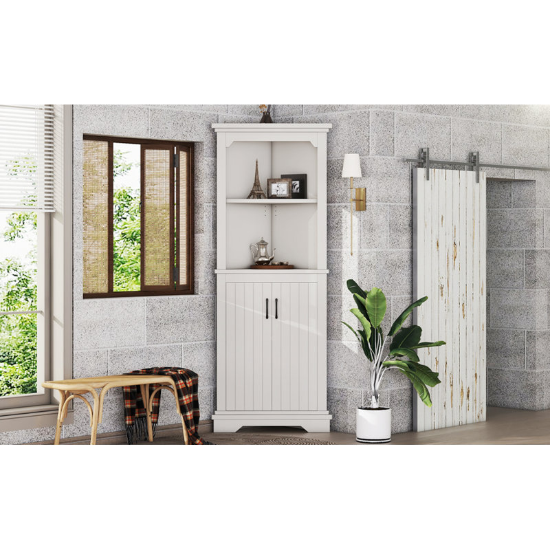 Tall Corner Cabinet With Doors, Open Shelves, Eco-Friendly MDF, Safety Design