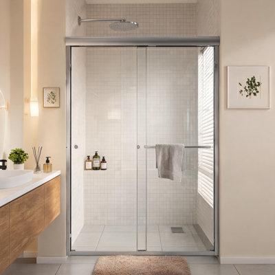Porte de douche coulissante double semi-encadrée chromée de 44 à 48 pouces avec verre trempé de 6 mm et poignées en acier inoxydable